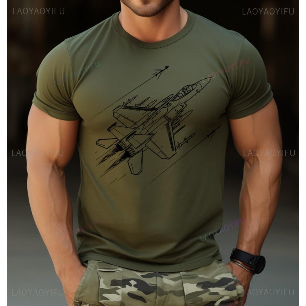 Military Shirt Men - Fighter jet aeronave militar gráfico impresso