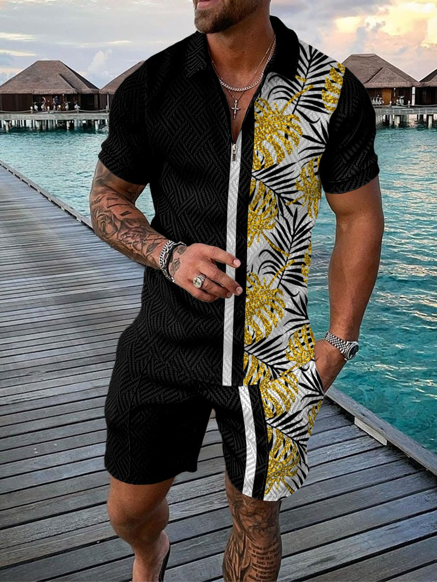 Men'S Fashion Polo - Conjunto Masculino Estampado com Coqueiros Havaianos: