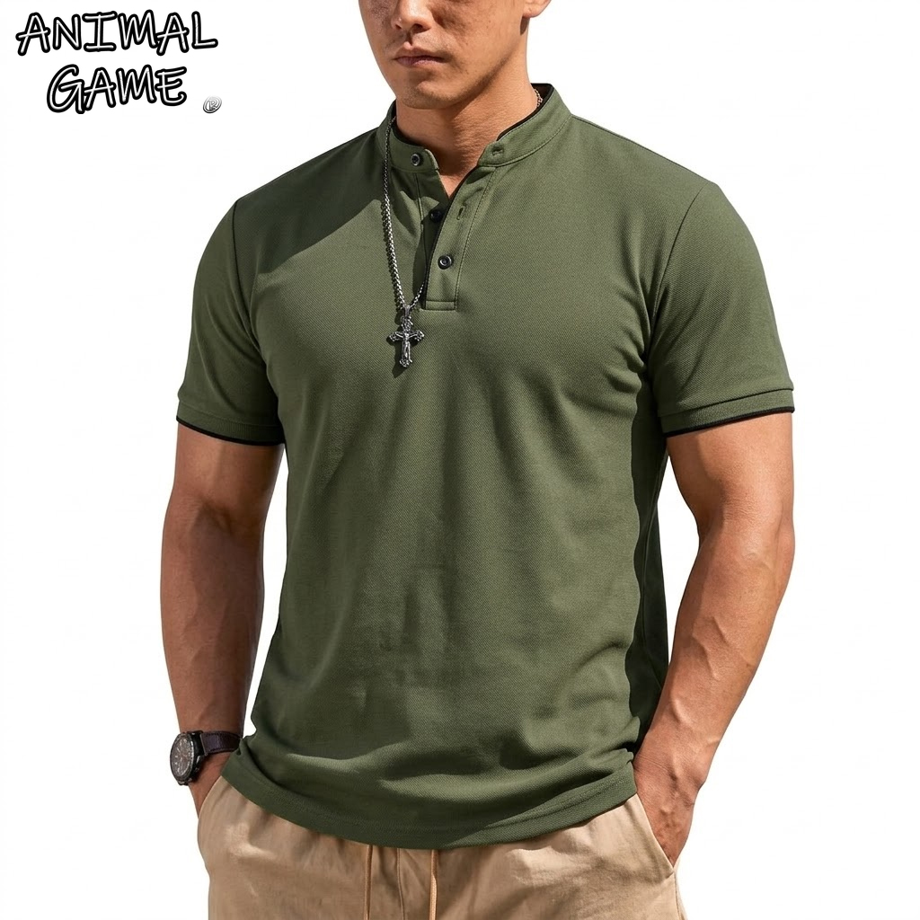Mens Fashion Modern - Camisa Henley de Manga Curta para
